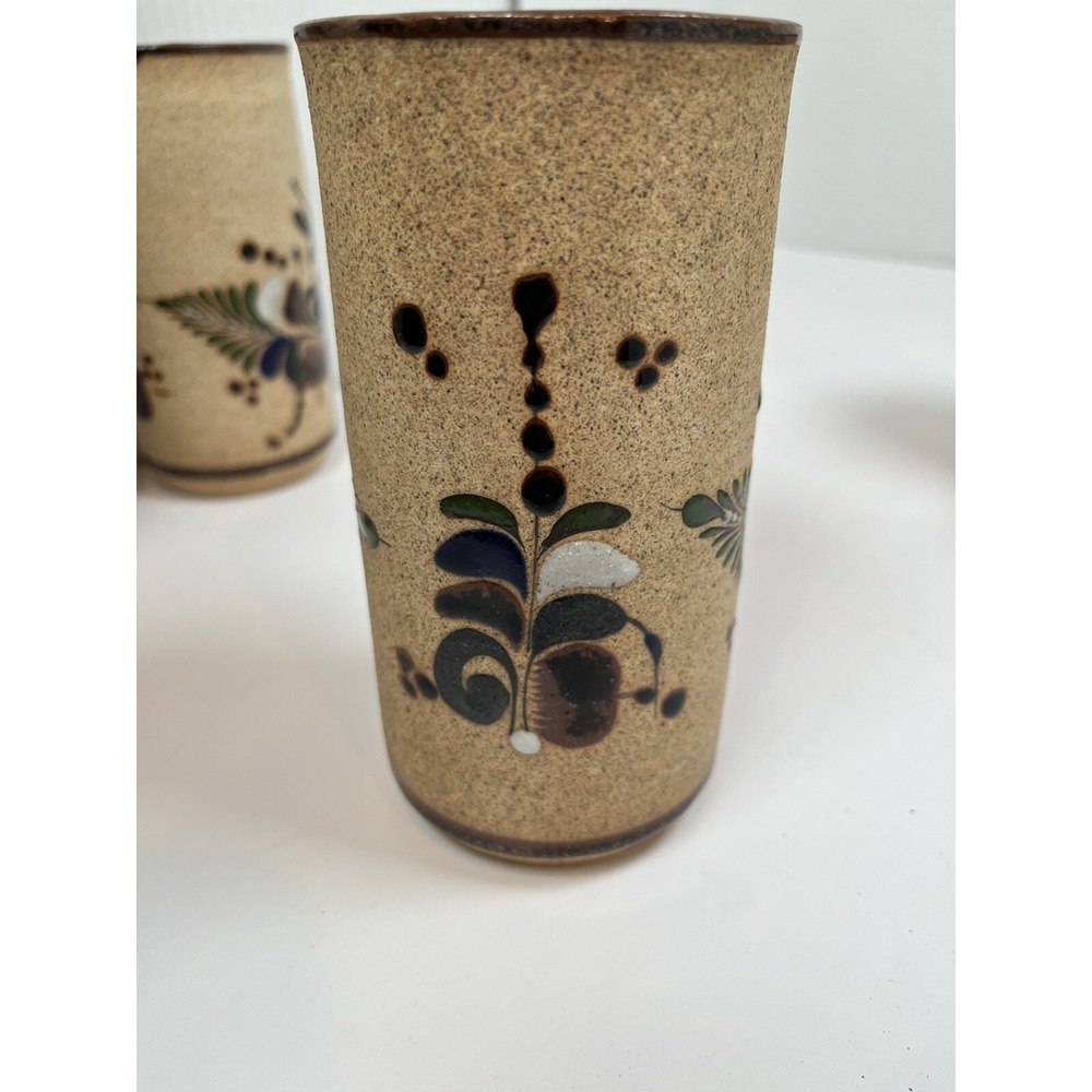 Tonala Pottery Cups Painted Blue Flowers Bird Stone Ware Lot Of 5 Netzi Mexico - Picture 11 of 16